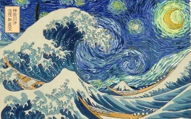 葛饰北斋的巨浪之外与梵高星月夜的比较:(左侧)《la japonaise》