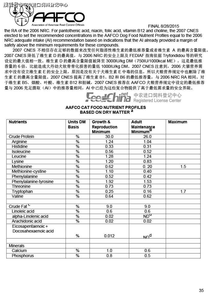 aafco 用于证实犬猫粮营养充足的方法