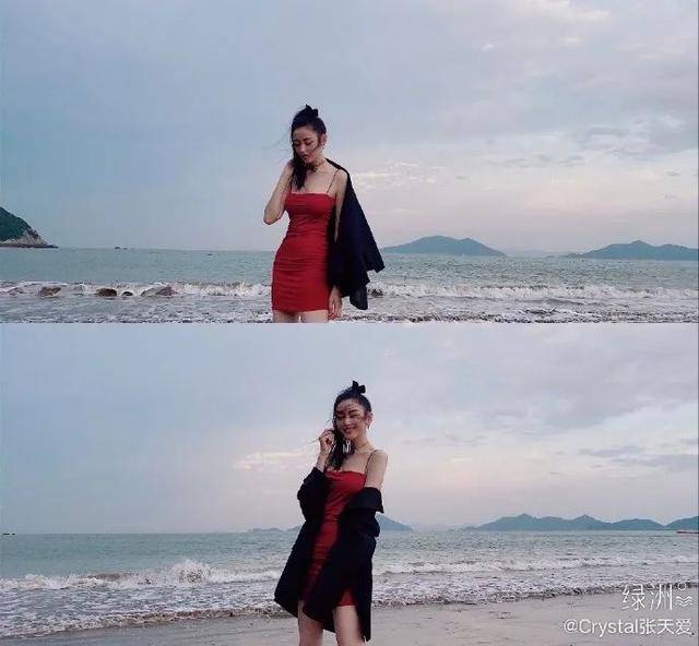 曲线|张天爱海边红吊带裙秀香肩曲线玲珑！雪肤娇嫩魔鬼身材