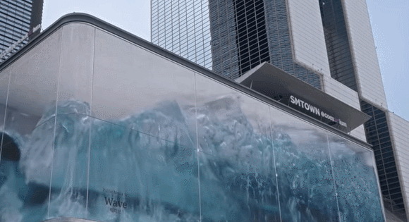 韩国时代广场巨浪淹没城市裸眼3d大屏太赛博朋克了
