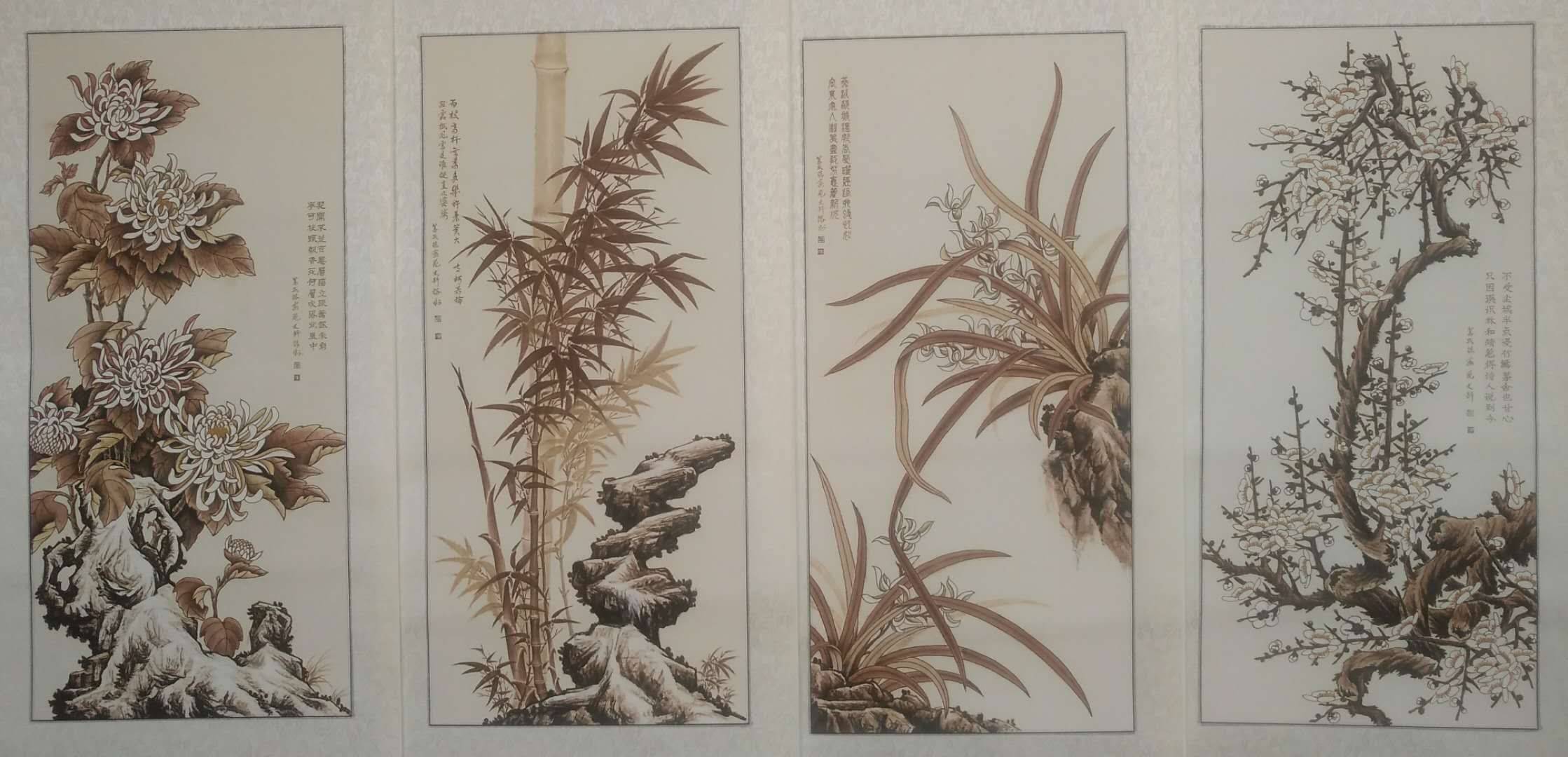 宣纸烙画《梅兰竹菊》宣纸烙画《奋进图》宣纸烙画《威武雄风》宣纸