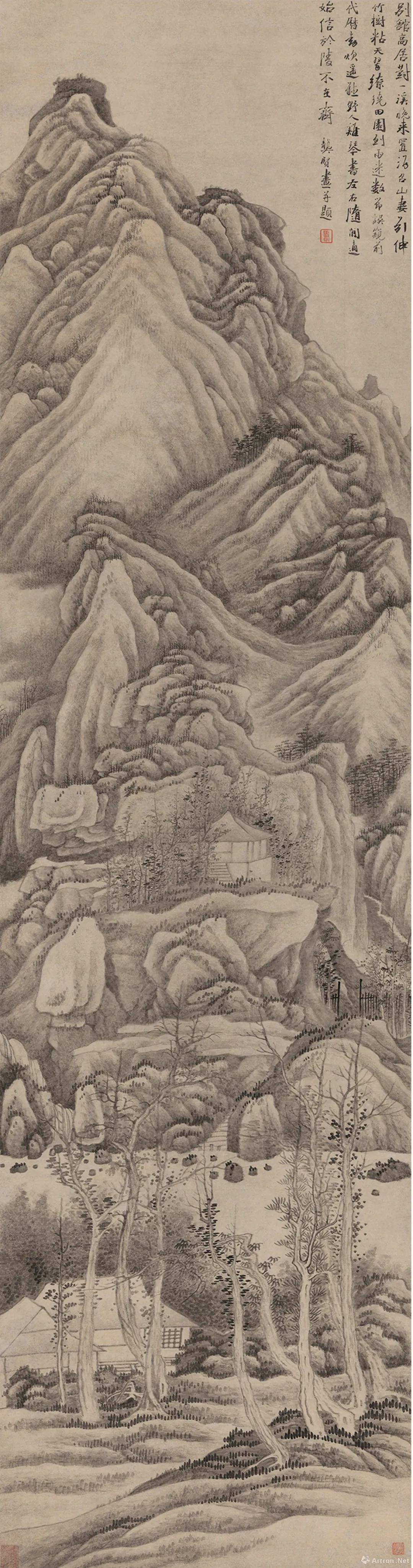 龚贤《别馆高居图,纸本水墨,212.5×55.5cm,清,龙美术馆