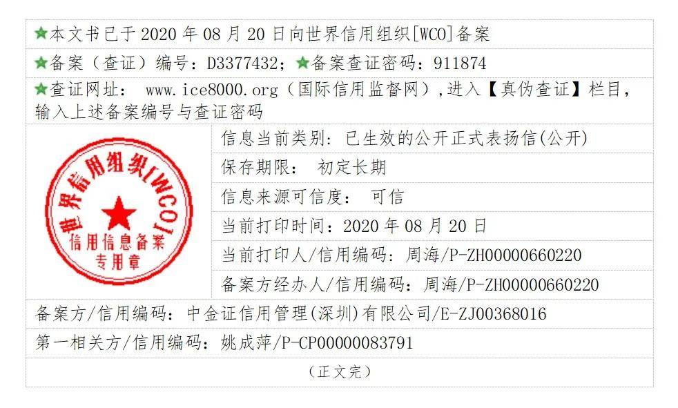中金证信用管理有限公司对姚成萍国际信用管理师较大诚信行为的公开正式表扬