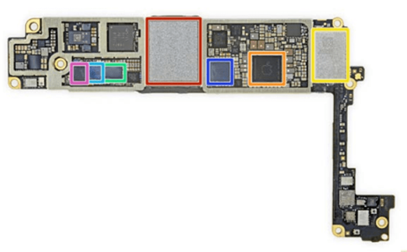 iphone se主板,黄色框为usi 339s00648 wifi/蓝牙 soc,支持最新wifi