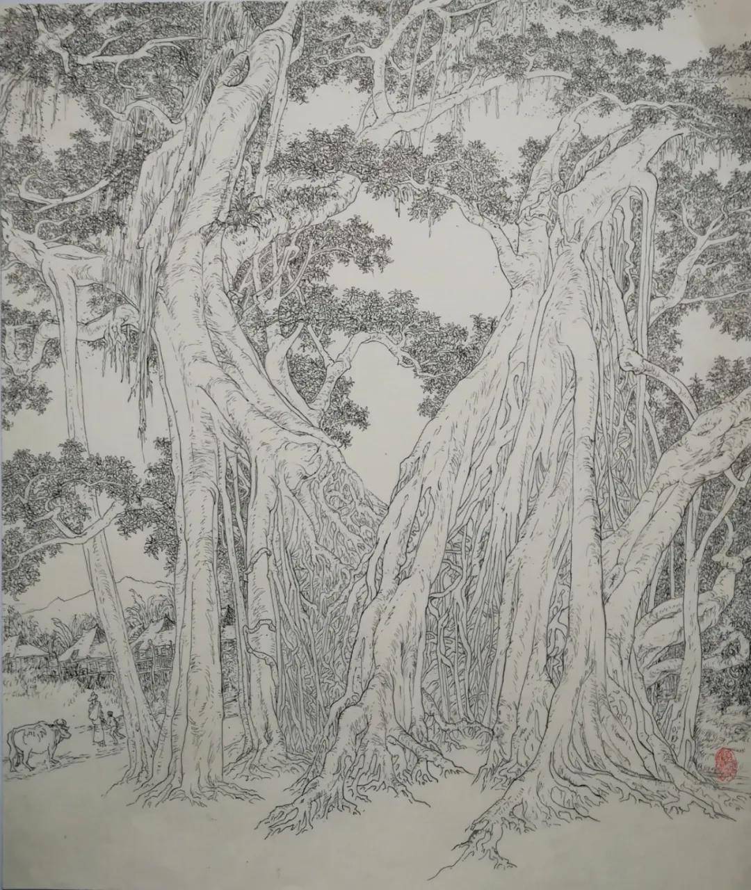 孟连大榕树 55×65cm 2015年 钢笔画那时的交通非常不方便,从昆明坐