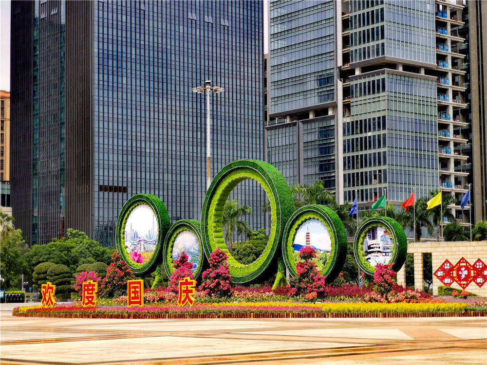 深圳:龙华文化广场上的国庆摆花造型,中间最大环是空的,为什么