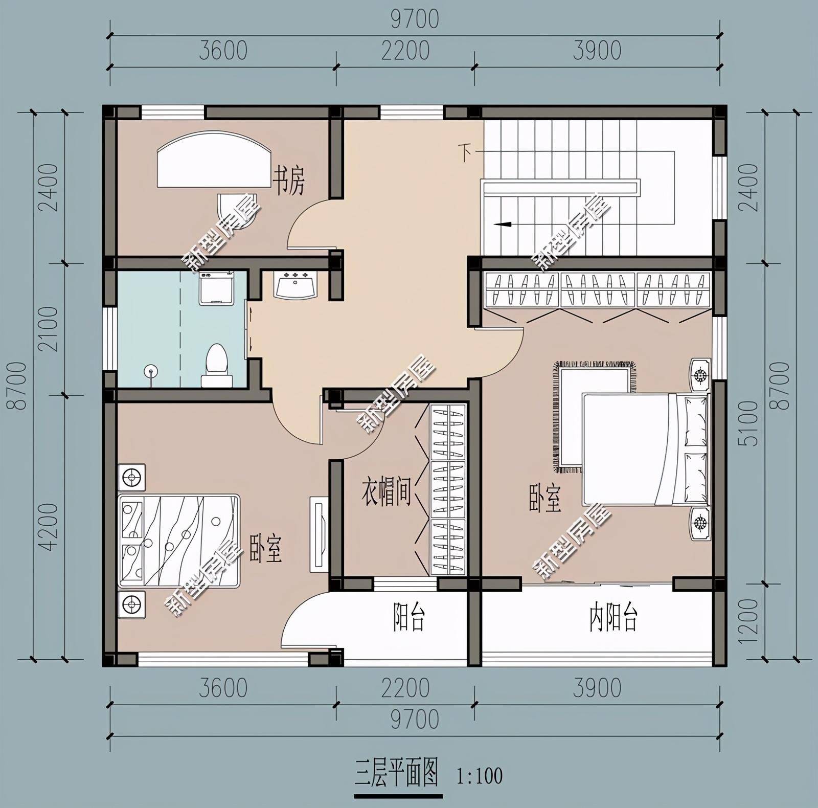 宅基地开间10米,进深9米,共三层要大露台,自建房如何设计?