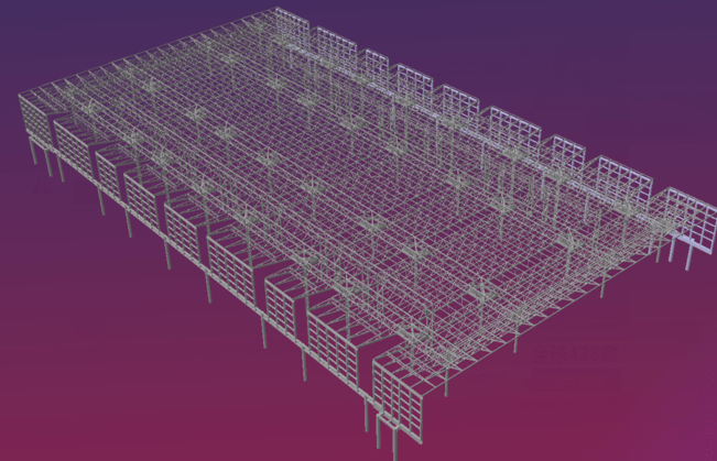 钢结构模型:包含屋盖支撑钢立柱,钢结构桁架屋盖,灰空间幕墙钢结构