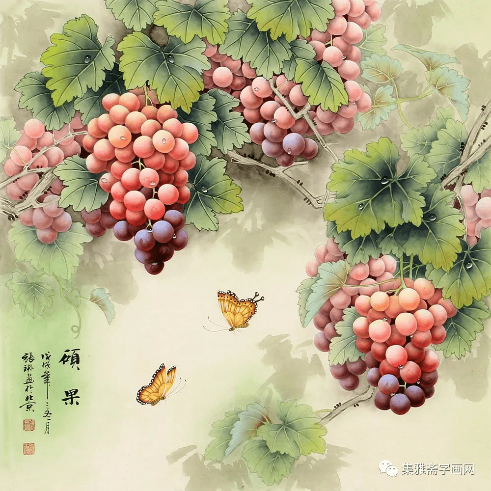 以葡萄入画,既体现其硕果累累丰收之状,又可与秋花相结合描绘,体现出