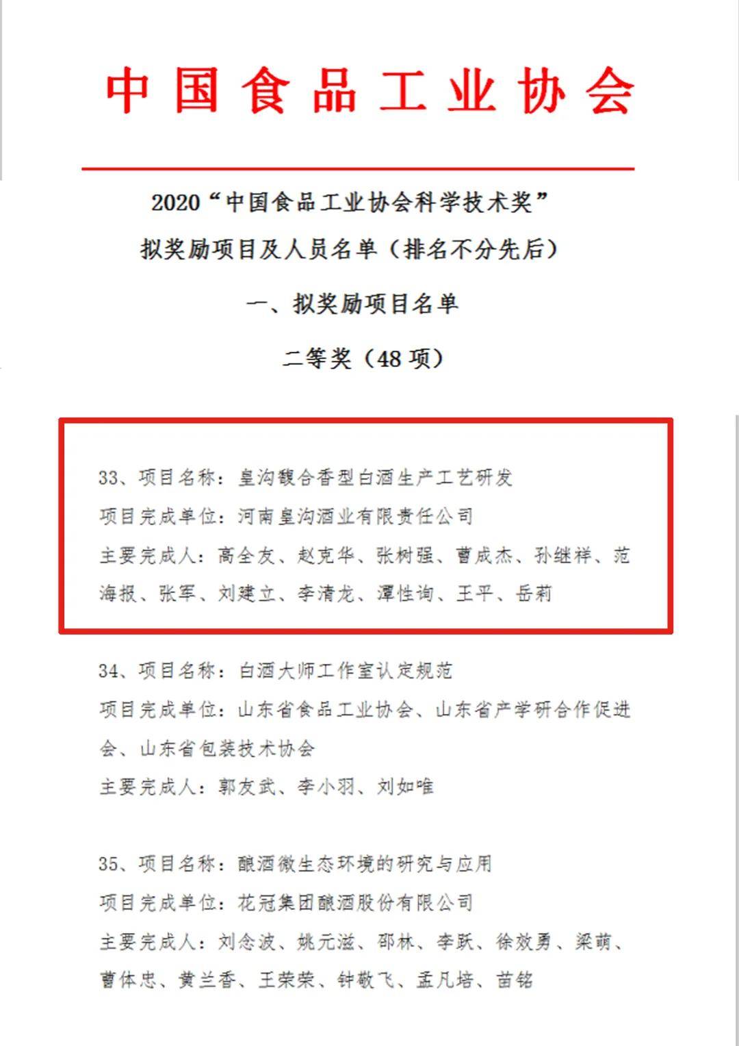 匠心筑梦 皇沟酒业科研项目入围2020"中国食品工业协会科学技术奖"