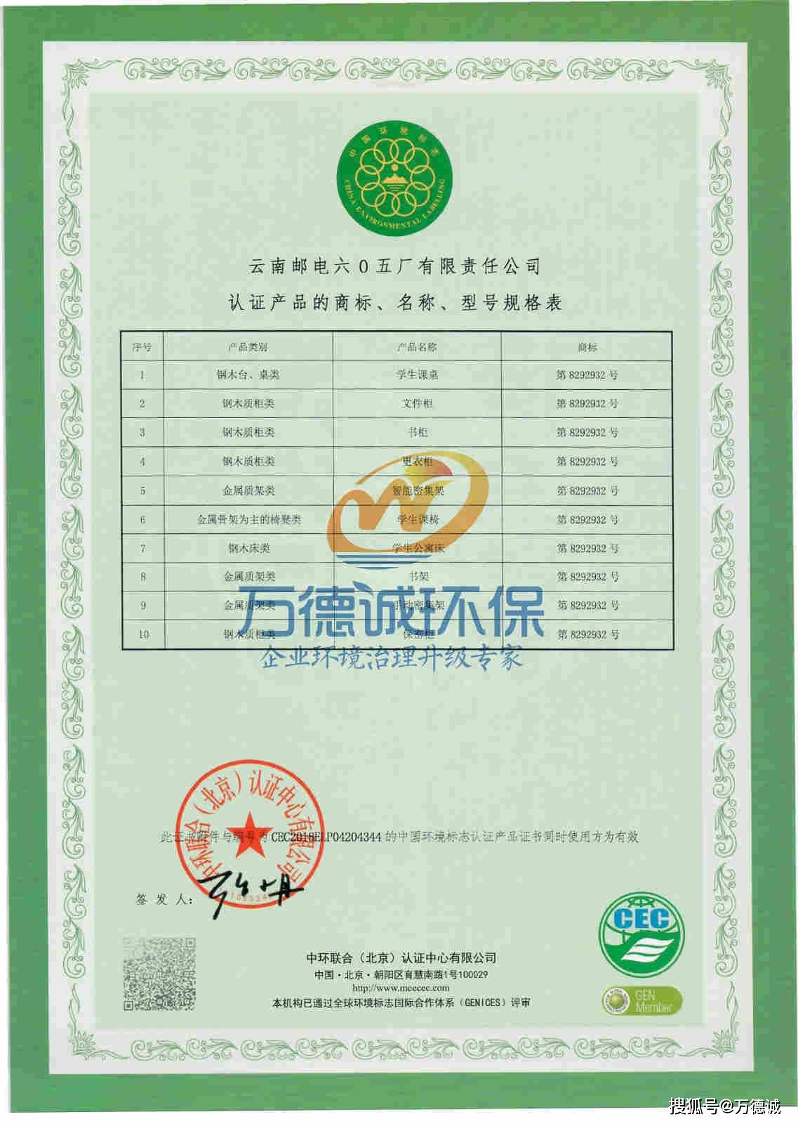 恭贺云南邮电六0五厂在万德诚的协助下获得 十环认证 证书
