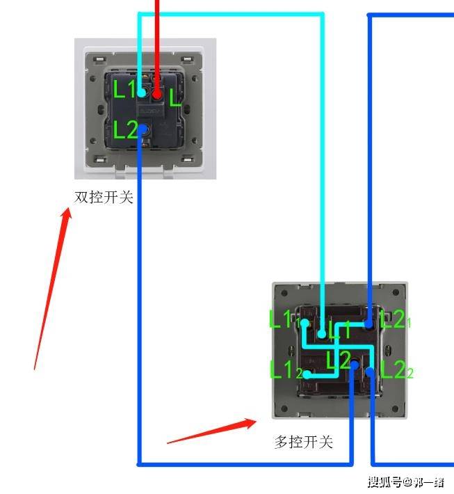 见下图5,双联开关与照明灯相连接,再将两个双控开关与电源线连接,见