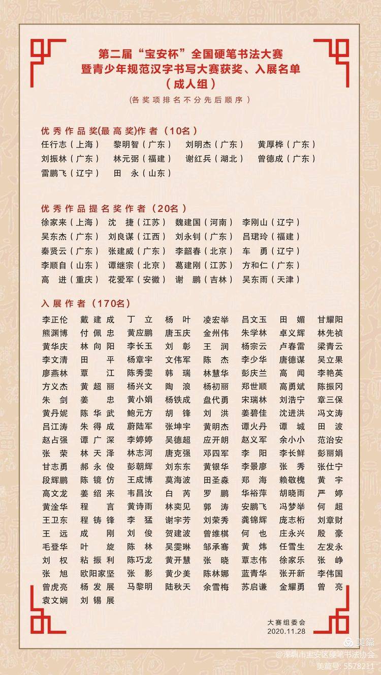 第二届"宝安杯"全国硬笔书法大赛(成人组)结果公布