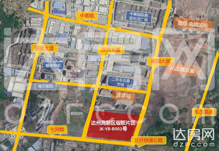 其中,达州高新区堰坝片区jk-yb-b001号地块的位置示意图如下:根据资料