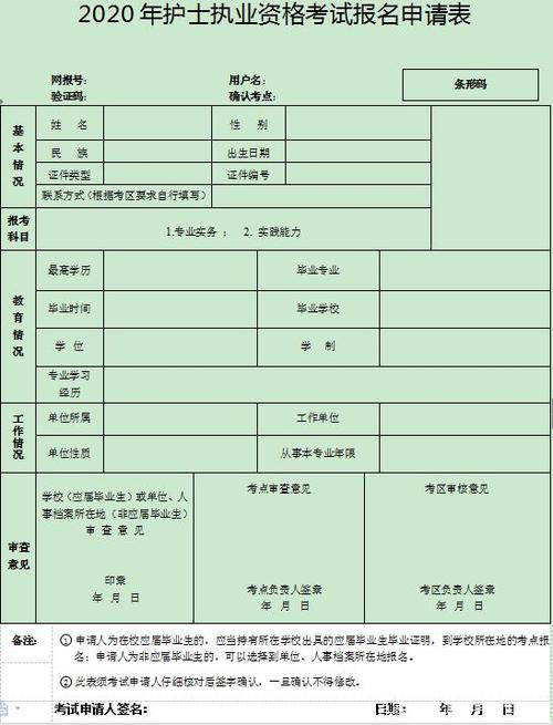 护士资格考试报名申报表