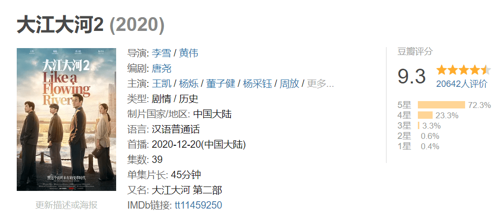 原创豆瓣评分9.3,《大江大河2》成2020评分最高电视剧,王凯再出爆款