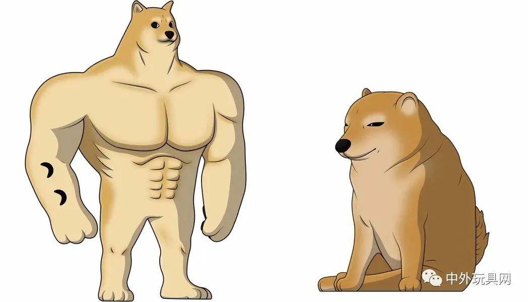 肌肉被p的超大块的柴犬 (swole doge或称buff doge) 另一只是小废柴