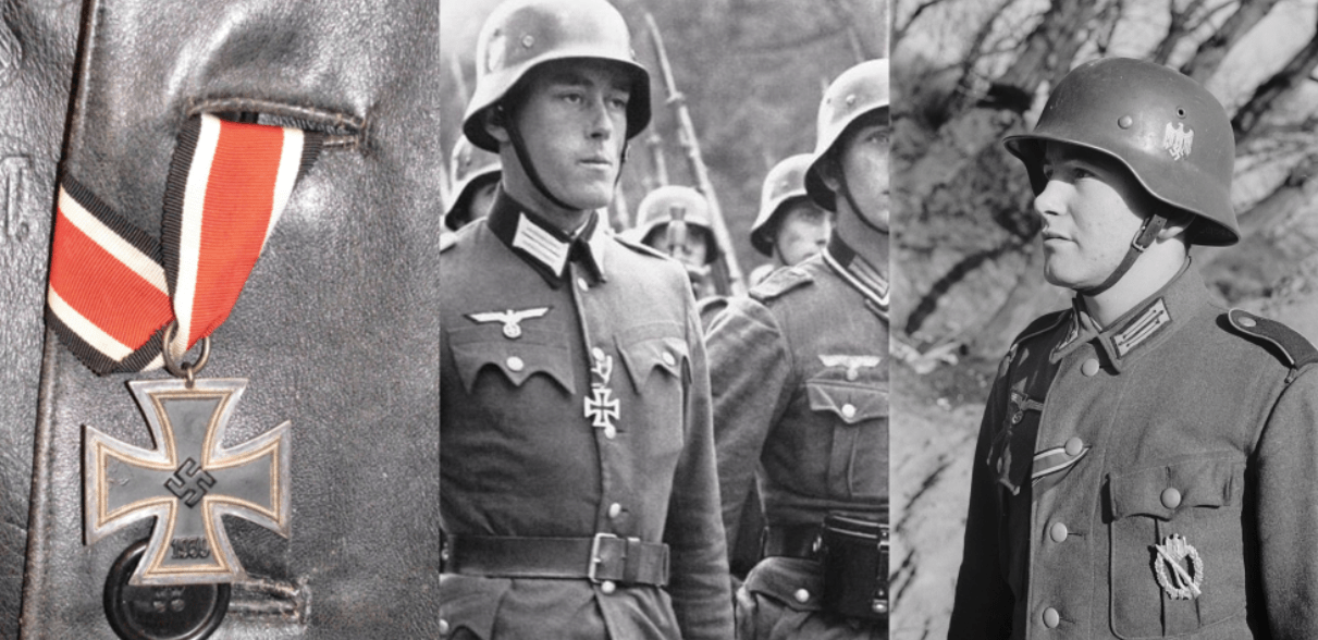 而一级铁十字勋章,是别在左胸的口袋上的,是不需要绶带的,就是希特勒