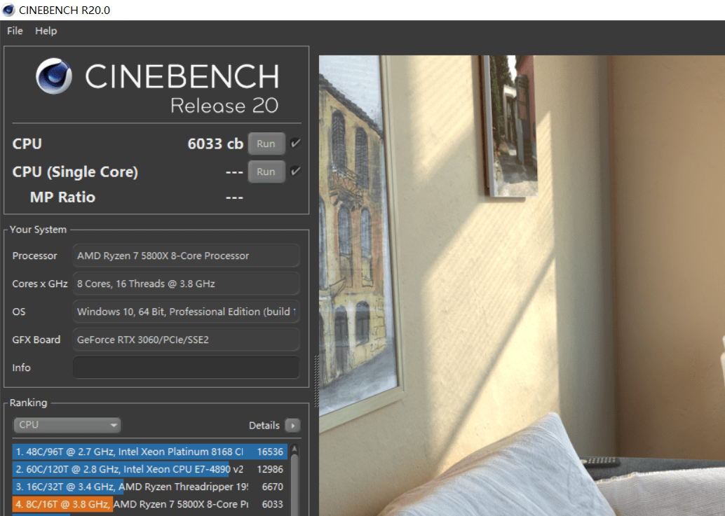 默认频率下,amd锐龙7 5800x在cinebench r20中的多线程得分为6033