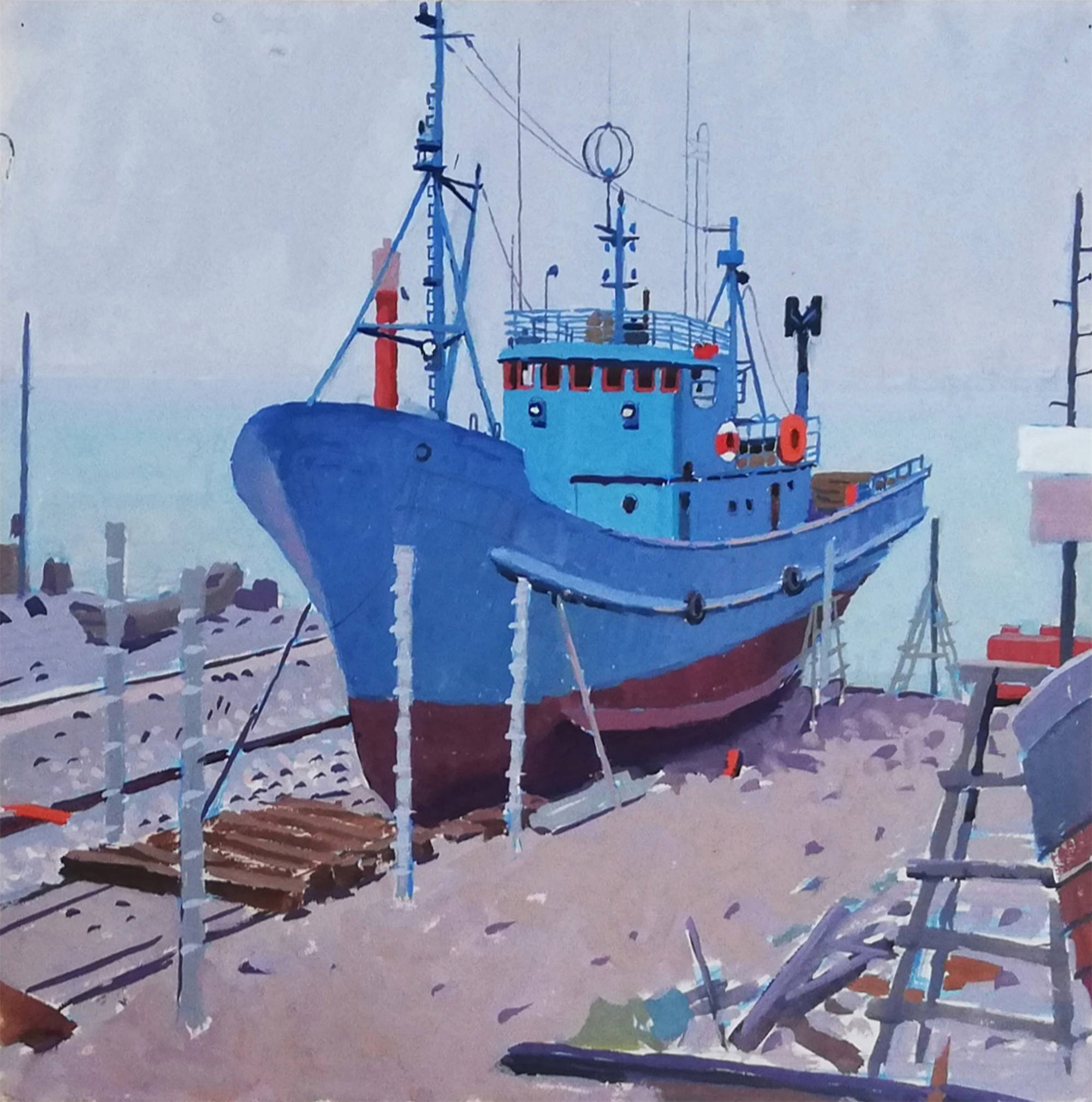 水粉《船》石岛 32×32cm 1979年