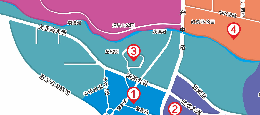 新澳大道(大亚湾大道)以北至淡澳河,中兴中路以西至与西区街道交界处