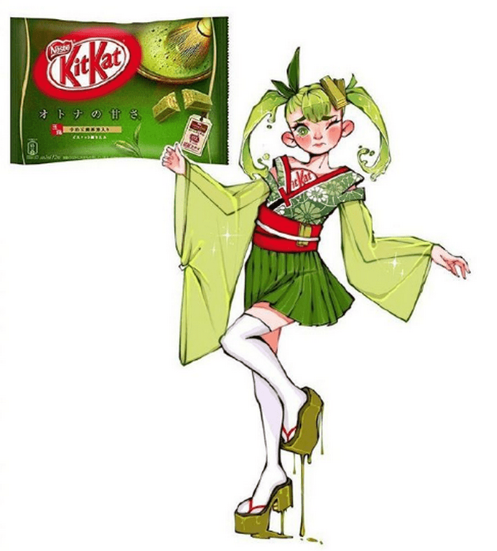 将食物拟人化后,抹茶巧克力被融化,巧克力粉裙底引人注目