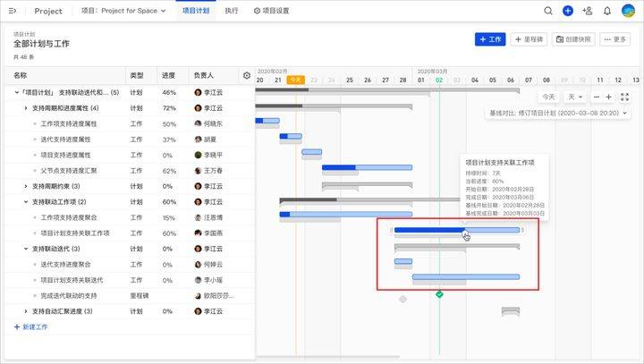 ones project 项目计划,支持基线对比