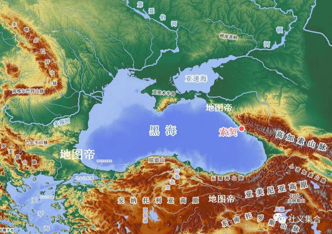 黑海周边地理只看东北一侧的平原(绿色)和南边西边的山地高原(深色)