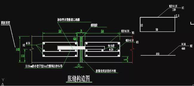 5)胀缝:与缩缝对应,它是为了防止混凝土受热膨胀,内部应力无法破坏而