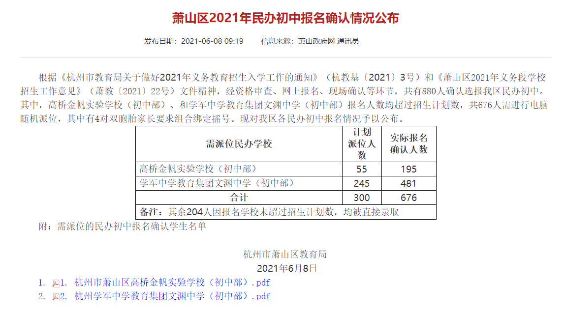 和学军中学教育集团文渊中学(初中部)报名人数均超过招生计划数,共676