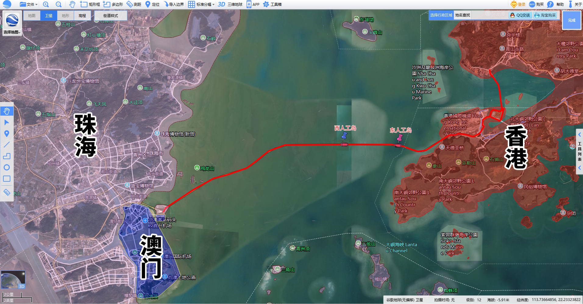 港珠澳大桥卫星地图(来源:bigemapgis)港珠澳是连接香港,澳门,珠海