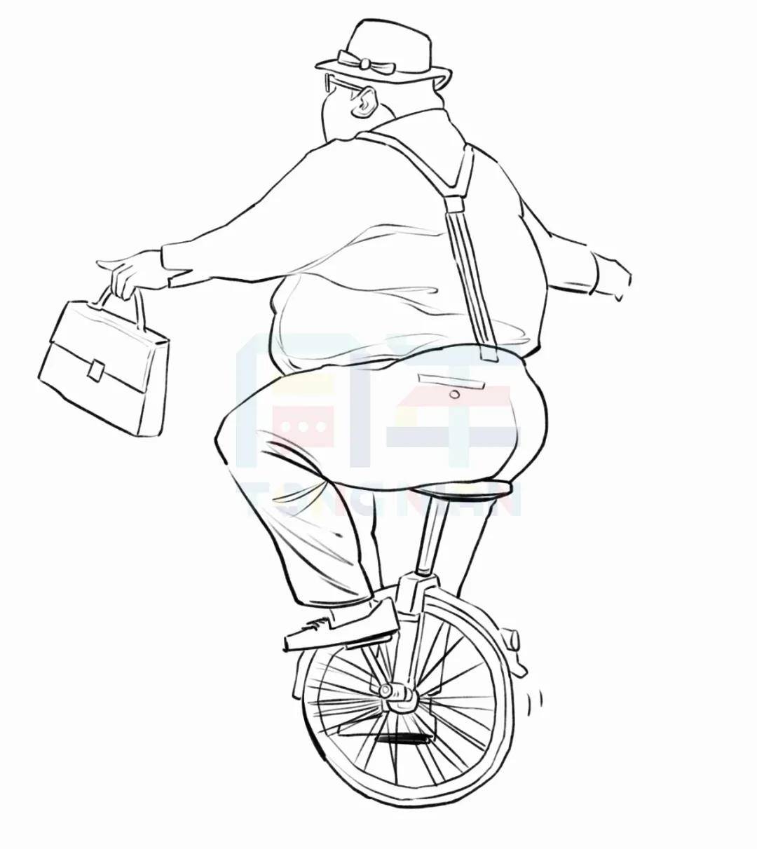一幅带有滑稽效果的板绘插画,主人公拥有笨拙的身躯却偏偏骑着独轮车
