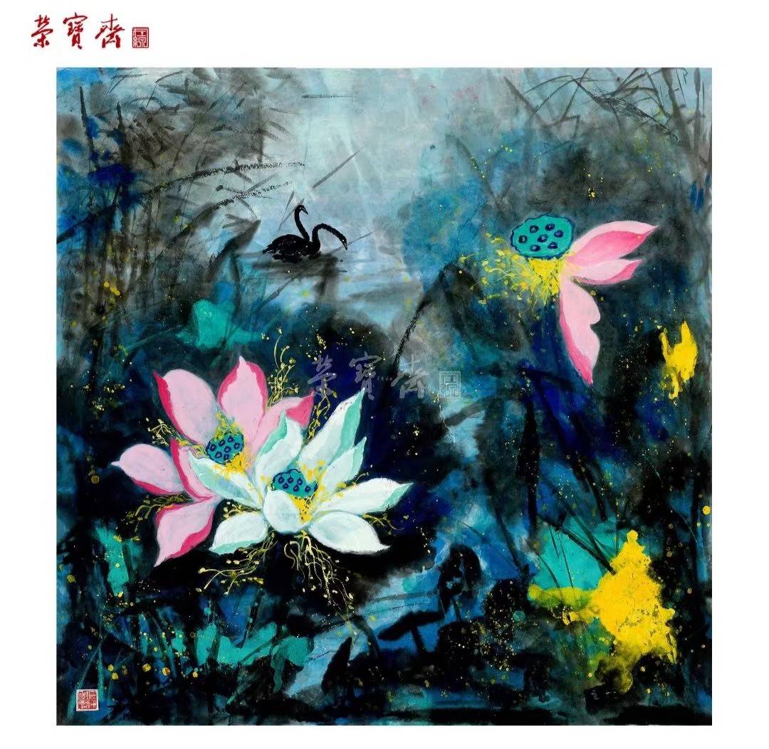 中国当代泼墨重彩画家曹玉红荷花作品欣赏