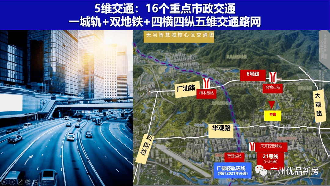 其中项目距21号线天河智慧城站约800米,5站到员村站;广佛环线城轨智慧