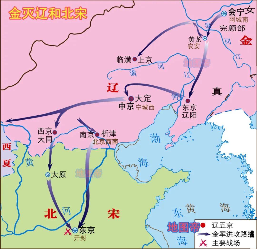 完颜阿骨打以辽五京为目标,兵分两路展开金灭辽之战.