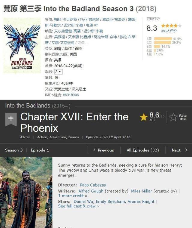 《荒原》第三季,豆瓣评分已经飙升至8.3分,imdb评分则与第二季相同.
