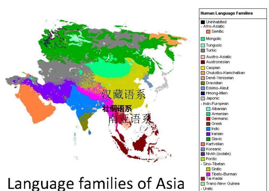 ▲亚洲语言地图京族在一开始只有口语（越南语），没有自己的书写文字。