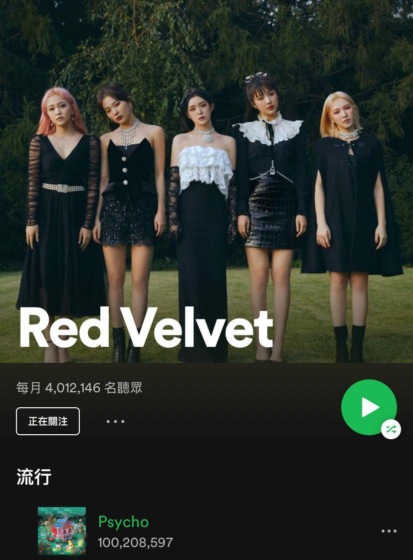 继《bad boy》之后第二首,redvelvet《psycho》spotify流媒破亿!