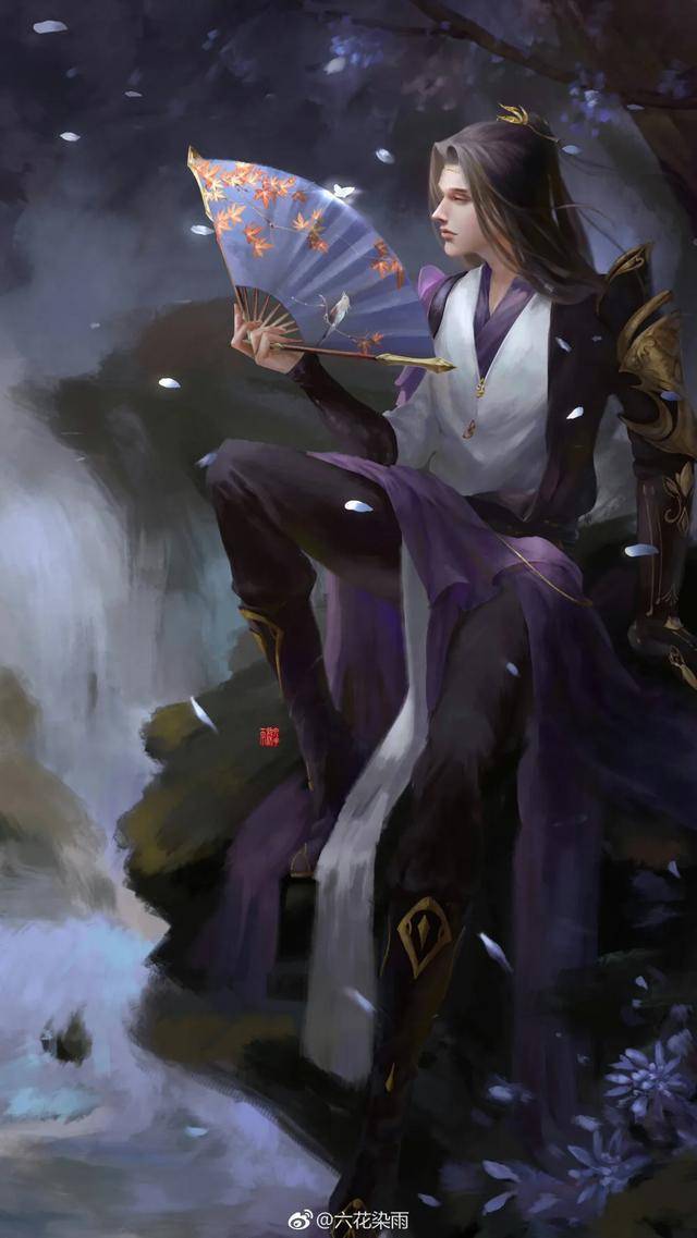 古风男子持扇图 七宝画团扇 灿烂明月光