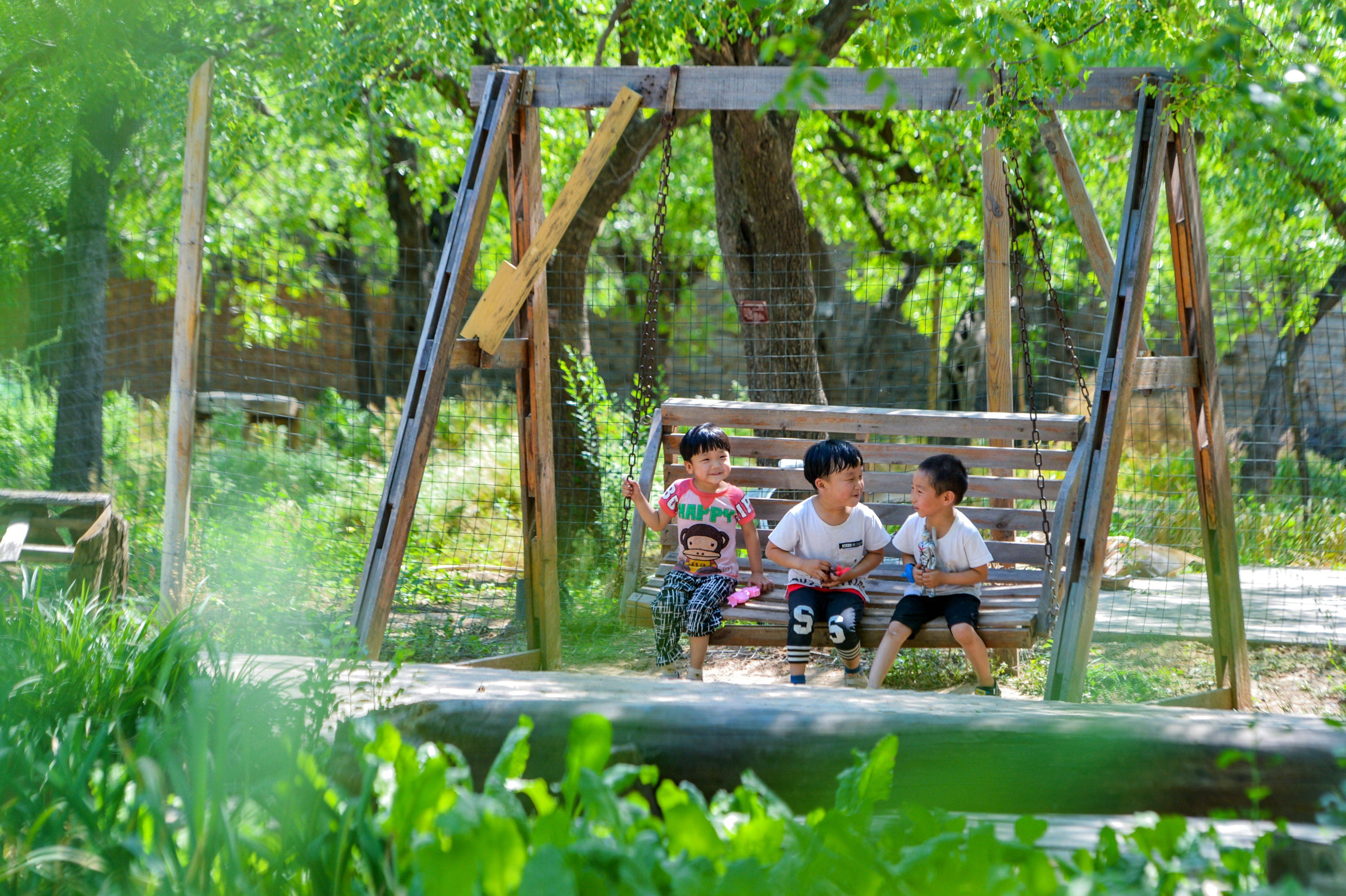 5月29日,在邯郸市邯山区河沙镇小堤村,孩子们在乡村公园玩耍.