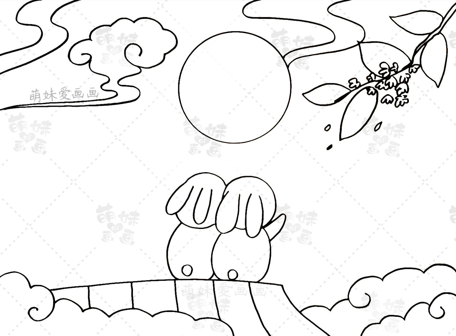 第一款手抄报:中秋赏月手抄报 一,首先,我们用云朵,桂花树,玉兔,月亮