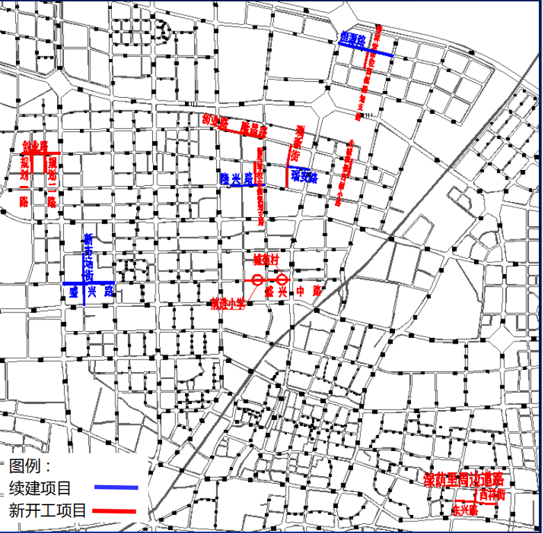 向阳大街),新市场街(七一路-天鹅路),复兴路西延(保神铁路地道桥段)