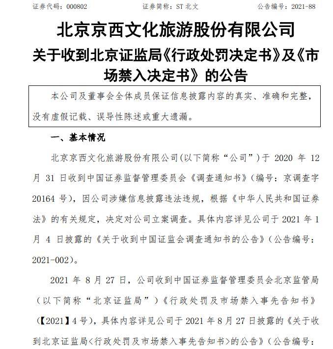 相关投资者依法享有诉权北京京西文化旅游股份有限公司因涉嫌信披违规