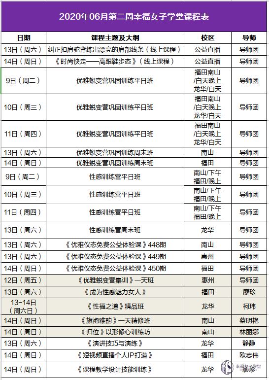 6月第二周课程安排