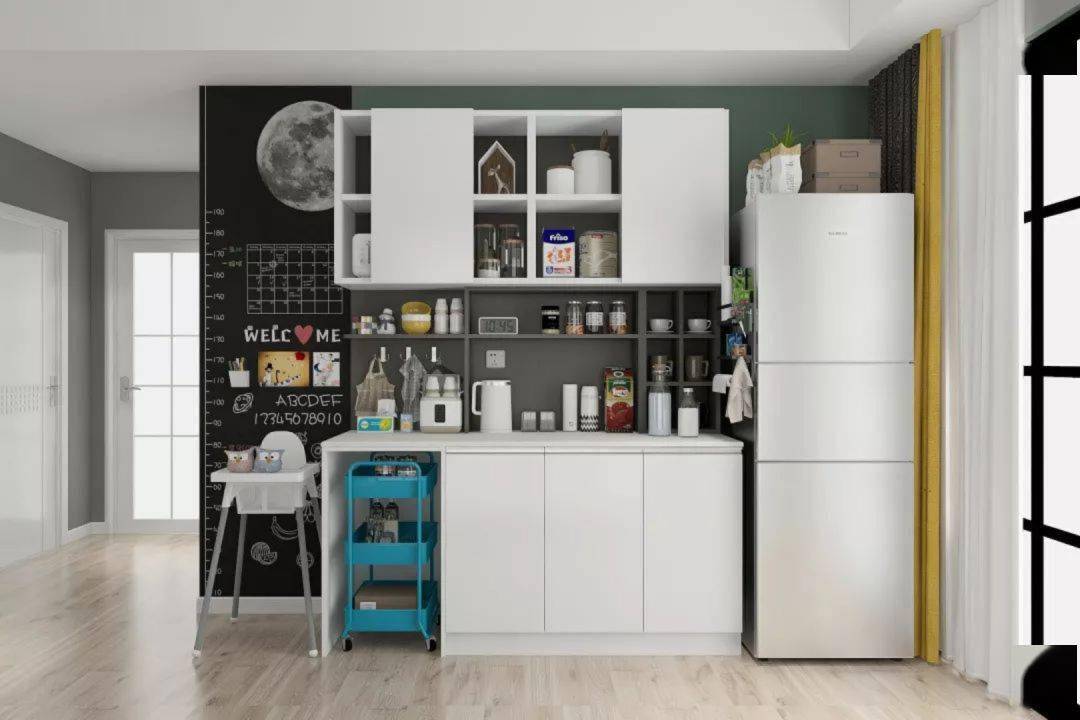 考虑为厨房多预留点操作储物空间,三门冰箱与客厅的餐边柜结合.