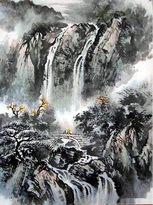 刘东方山水画作品:黄山人字瀑(1998年)