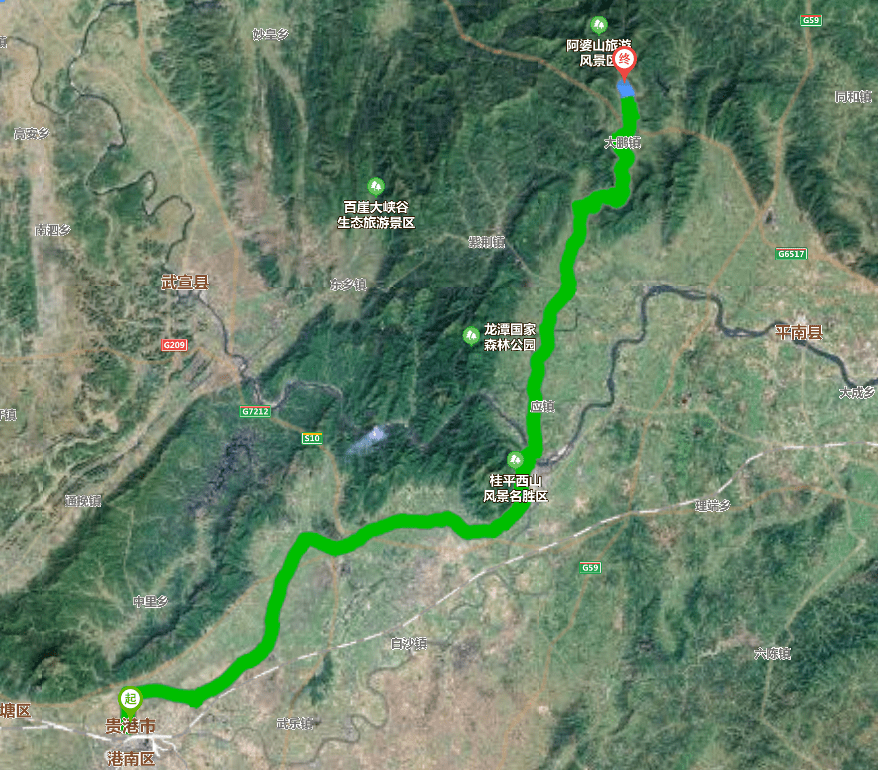 二,从桂平南木,金田走县道直达北帝山景区,全程130公里.