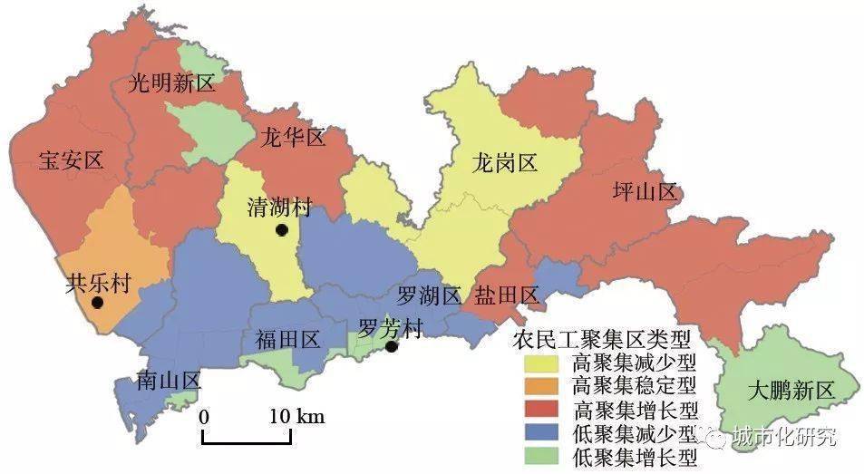 深圳市农民工聚集区地域类型划分和案例地分布