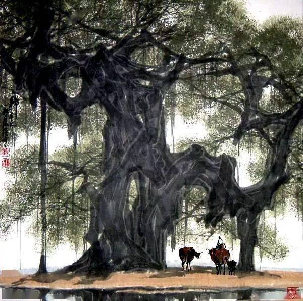 榕树下乡村情景水墨画