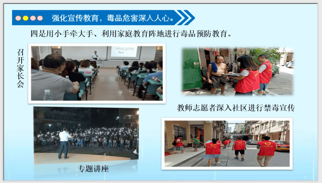 橱窗专栏,led屏,微信群,观看禁毒专题片,做禁毒拍手操,诵读禁毒三字经